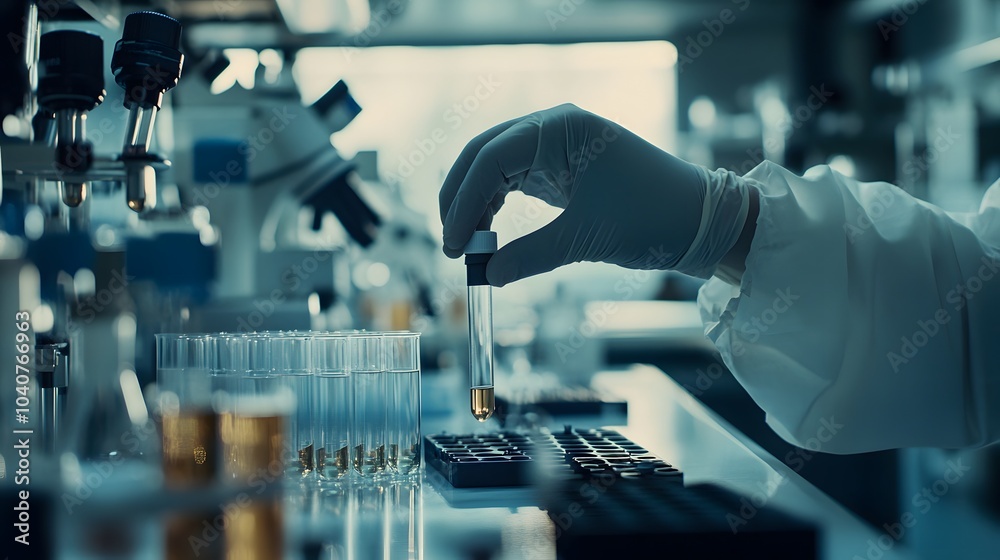 A Gloved Hand Holding a Test Tube with Yellow Liquid in a Laboratory Setting A Gloved Hand Holding a Test Tube with Yellow Liquid in a Laboratory Setting