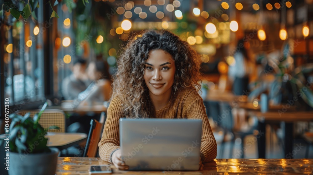 Young Woman Enjoying Work at Urban Cafe on Laptop