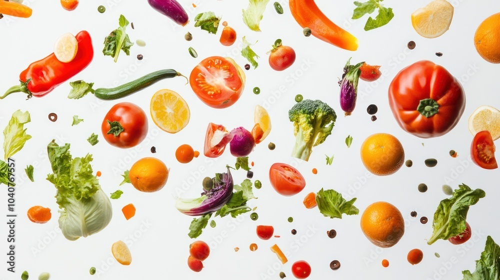 Exploding vegetables and fruits, set falling vegetables and fruits on white background Exploding vegetables and fruits, set falling vegetables and fruits on white background