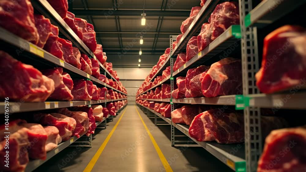 Rows of Fresh Meat in a Cold Storage Facility.