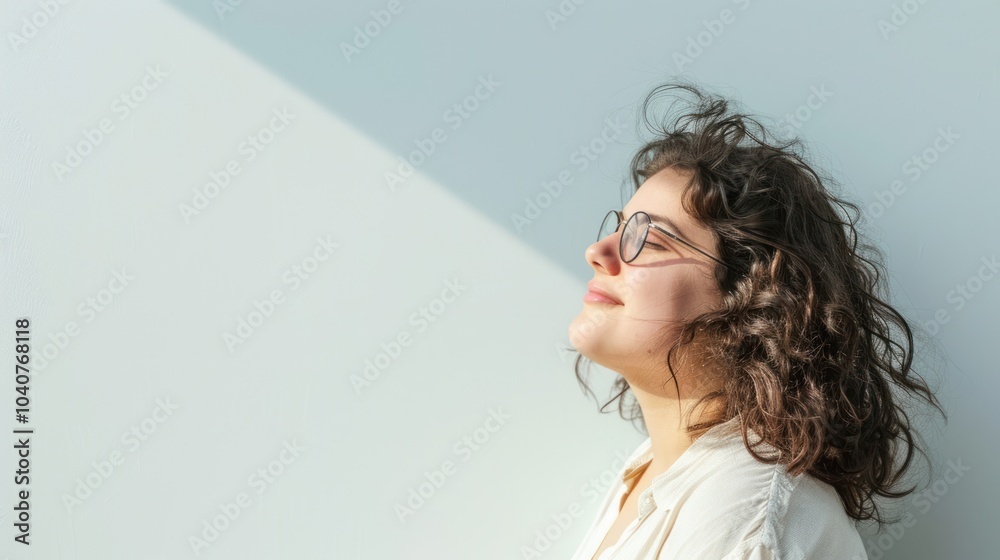  Side view happy young chubby overweight woman on white background 