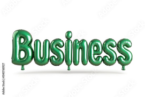 Business Balloons in Green Foil Isolated on a White Background, Party Balloons, Event Balloons, Advertising Text, English Alphabet Letters, Business, Entrepreneur, Corporate