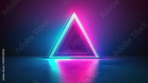 A glowing neon triangle structure in a dark environment, creating a futuristic ambiance.