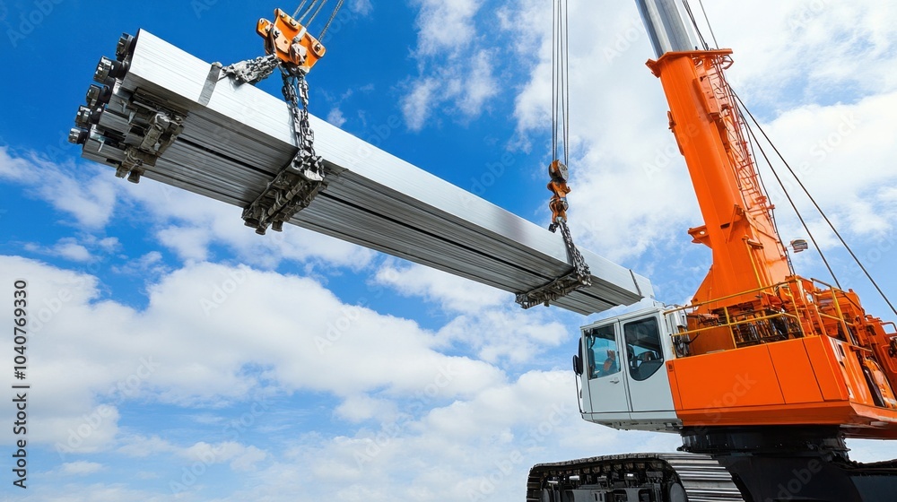 Construction Crane Lifting Steel Beams Against Blue Sky Construction Crane Lifting Steel Beams Against Blue Sky