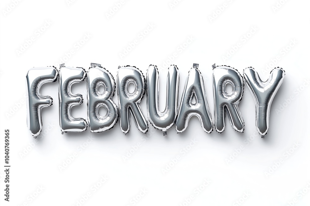 February Balloons in Silver Foil Isolated on a White Background, Party Balloons, Event Balloons, Advertising Text, English Alphabet Letters, Month, Calendar, Date February Balloons in Silver Foil Isolated on a White Background, Party Balloons, Event Balloons, Advertising Text, English Alphabet Letters, Month, Calendar, Date