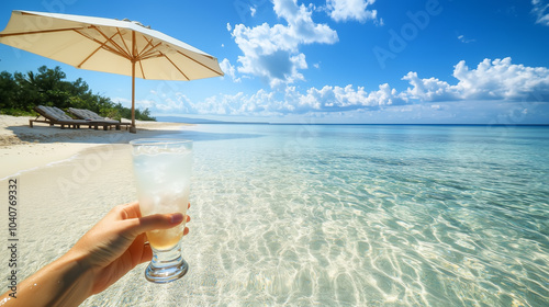 A hand is seen holding a cocktail, resting on a beach chair under a large sun umbrella, with a tranquil ocean in the background photo