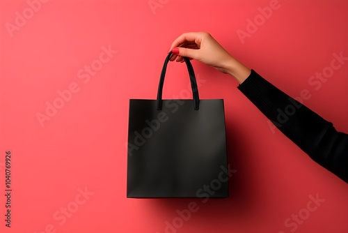 Woman holding black shopping bag on red background. Online shopping concept. Black Friday, 11.11 Single Day, Cyber Monday. Autumn sale and discount advertising banner, poster, flyer with copy space photo