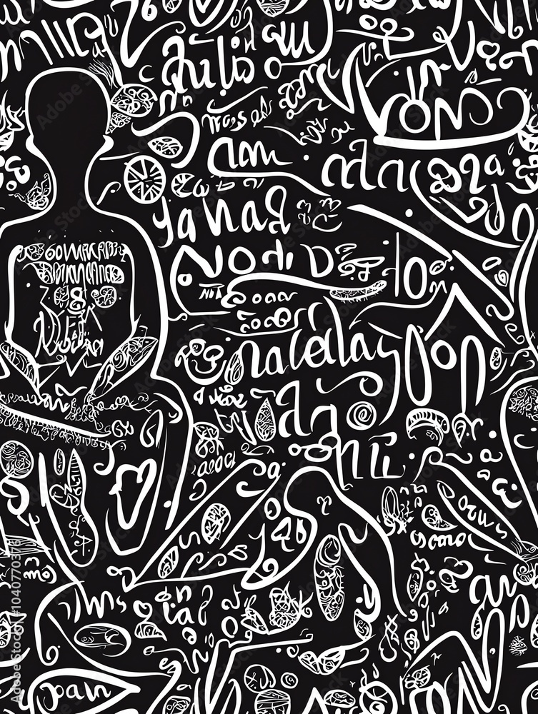 Transcendental typography seamless pattern, meditation-related words in flowing script