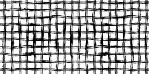 Grunge Geometric Plaid Seamless Vector Pattern in Black and White, Hand Drawn Painted Ink Checks
