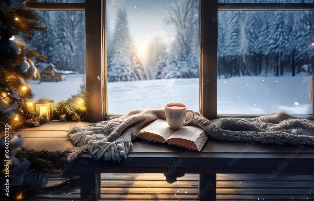 A windowsill scene with a steaming mug, an open book, and a blanket. A windowsill scene with a steaming mug, an open book, and a blanket.