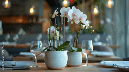 orchid flowers in pots placed on the table photo