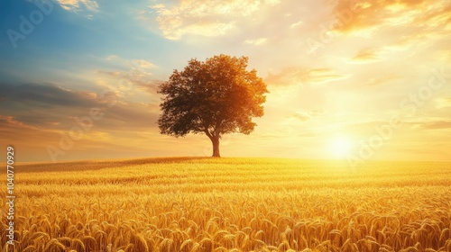 Majestic tree standing alone in a vast wheat field at golden hour, with golden crops symbolizing resilience and quiet strength