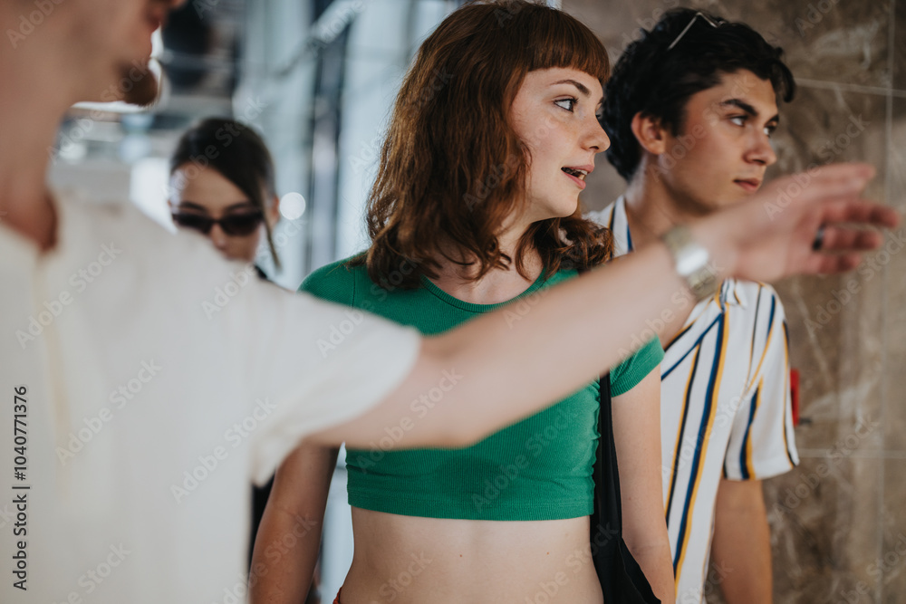 A group of young adults walking through a contemporary urban space, engaging and interacting with their surroundings, highlighting friendship and exploration. A group of young adults walking through a contemporary urban space, engaging and interacting with their surroundings, highlighting friendship and exploration.