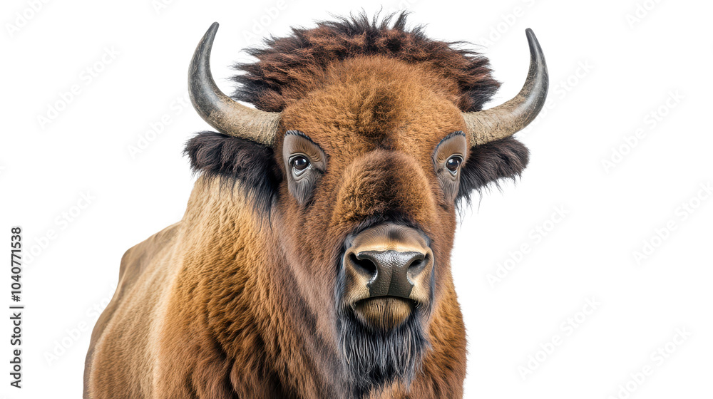 Close-up of a bison's face with horns, transparent background Close-up of a bison's face with horns, transparent background