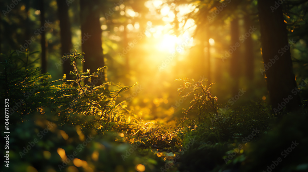 A serene forest at sunrise, with golden light filtering through the trees, creating a magical and peaceful atmosphere. A serene forest at sunrise, with golden light filtering through the trees, creating a magical and peaceful atmosphere.