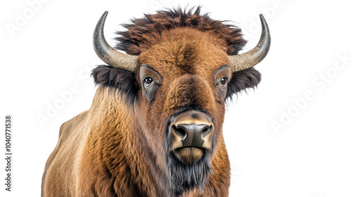 Close-up of a bison's face with horns, transparent background