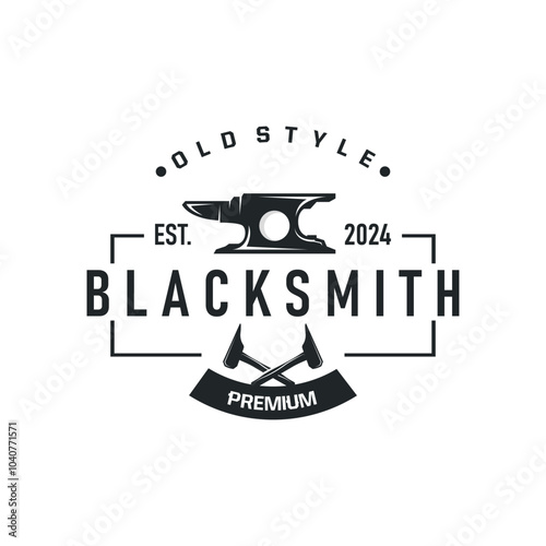 Blacksmith craft logo design with black silhouette antique workshop emblem forge anvil templet illustration