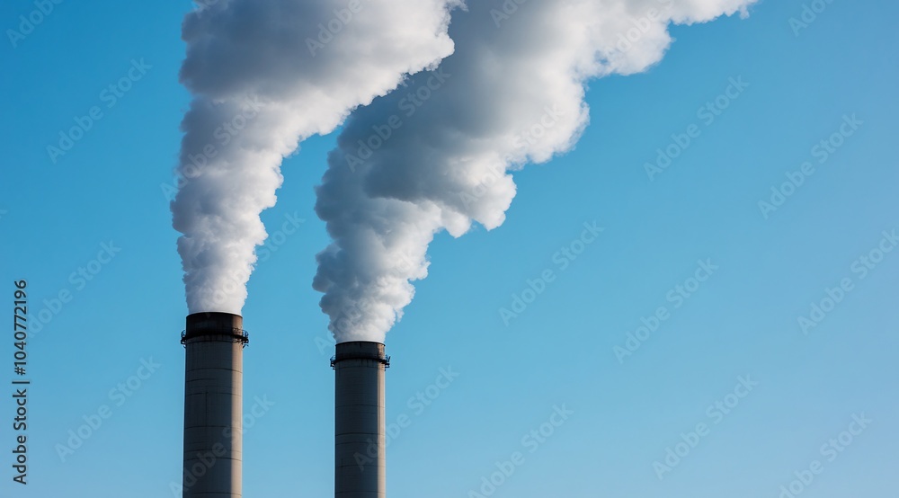 Close-up of two large smokestacks emitting thick white clouds against the blue sky, representing industrial air pollution. Close-up of two large smokestacks emitting thick white clouds against the blue sky, representing industrial air pollution.