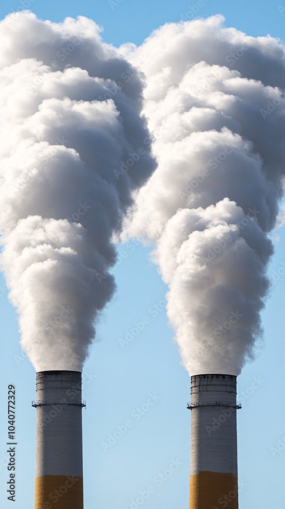 Close-up of two large smokestacks emitting thick white clouds against the blue sky, representing industrial air pollution. Close-up of two large smokestacks emitting thick white clouds against the blue sky, representing industrial air pollution.