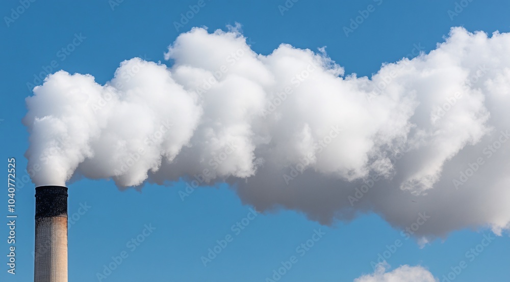 Close-up of two large smokestacks emitting thick white clouds against the blue sky, representing industrial air pollution. Close-up of two large smokestacks emitting thick white clouds against the blue sky, representing industrial air pollution.