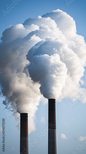 Close-up of two large smokestacks emitting thick white clouds against the blue sky, representing industrial air pollution.