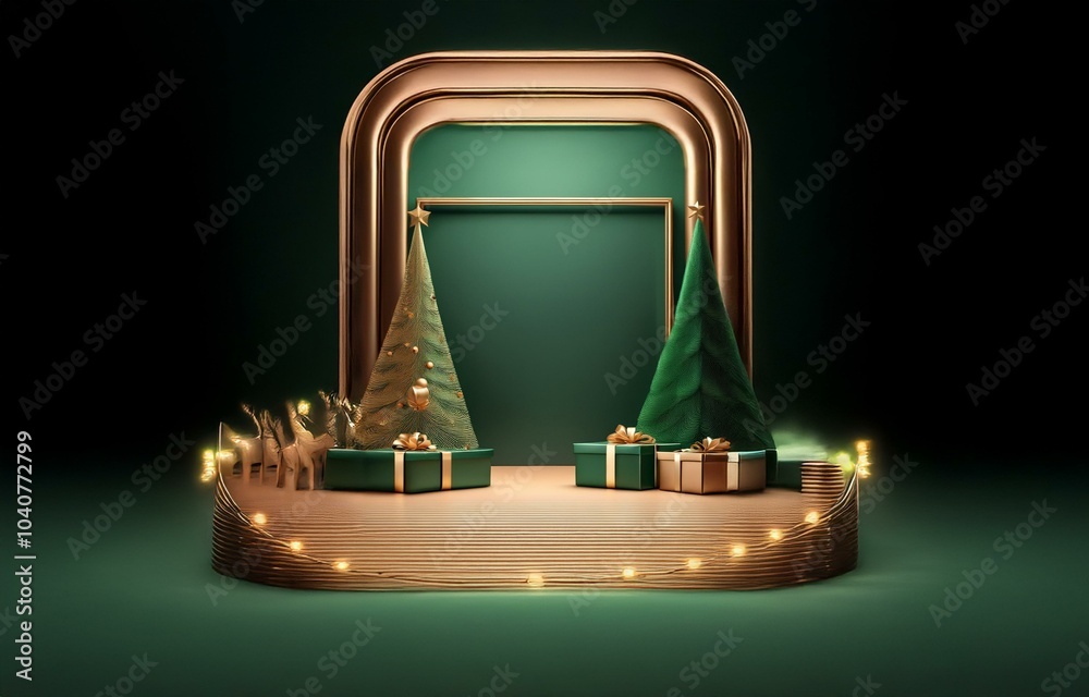 Two decorated Christmas trees stand on a gold platform with string lights in front of a gold frame. Two decorated Christmas trees stand on a gold platform with string lights in front of a gold frame.