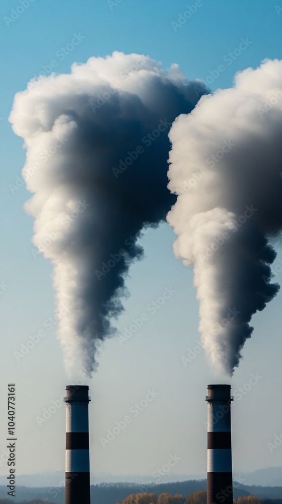 Close-up of two large smokestacks emitting thick white clouds against the blue sky, representing industrial air pollution. Close-up of two large smokestacks emitting thick white clouds against the blue sky, representing industrial air pollution.
