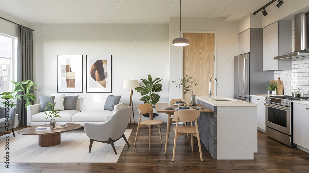 Fototapeta premium Modern living room and kitchen in a stylish apartment, featuring a gray sofa, wooden dining table, plants, and contemporary decor, showcasing an open and inviting layout.