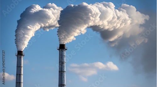 Close-up of two large smokestacks emitting thick white clouds against the blue sky, representing industrial air pollution.