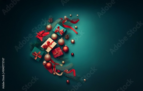 Red and gold Christmas ornaments and gifts on a dark teal background.