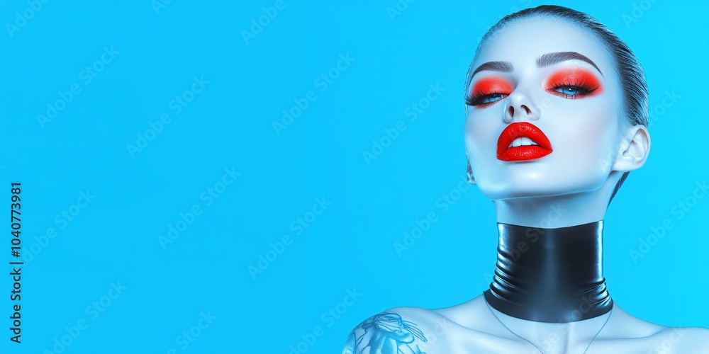fashion portrait of a beautiful woman with bangs and red lips on a blue background, a beauty concept, a beauty advertisement, a fashion magazine cover design fashion portrait of a beautiful woman with bangs and red lips on a blue background, a beauty concept, a beauty advertisement, a fashion magazine cover design