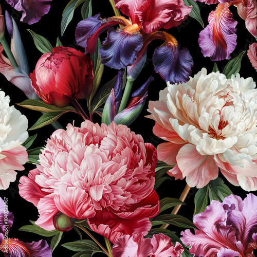 Seamless vector pattern with peony and iris flowers isolated on a changeable background. Vintage painting style illustration.