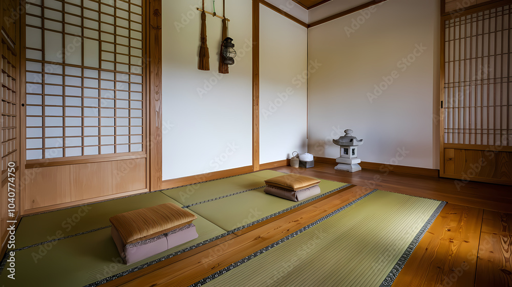 Serene Japanese tea room with tatami mats, simple decor, and natural light, perfect for relaxation and cultural rituals. Serene Japanese tea room with tatami mats, simple decor, and natural light, perfect for relaxation and cultural rituals.