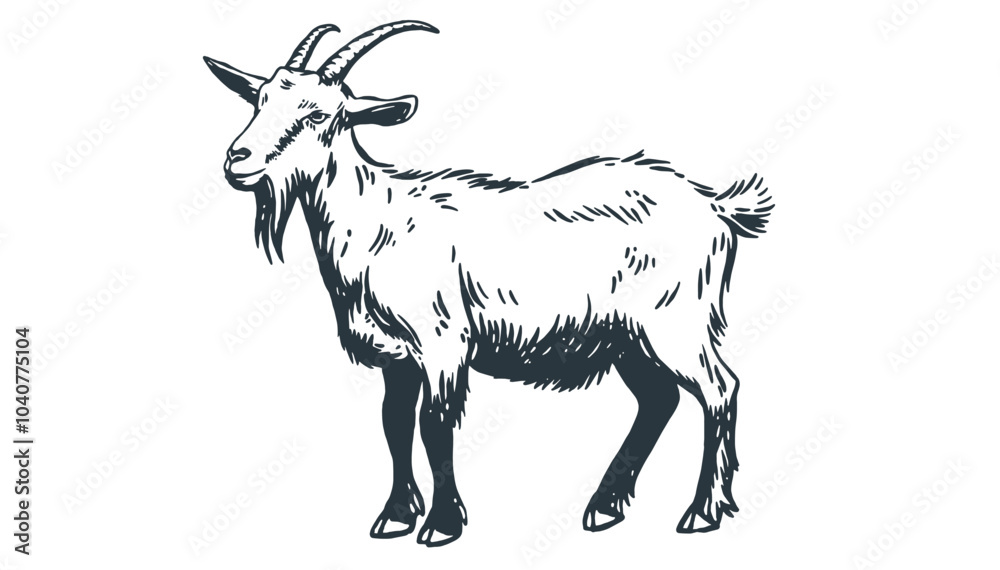 Obraz premium Goat. Vintage retro print, black white goat drawing, sketch ink pencil draw, engrave old school style. Sketch artwork silhouette goat with horns. Side view profile goat. Vector Illustration