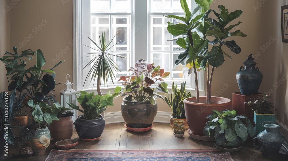 Fototapeta premium Indoor garden with a variety of vibrant houseplants arranged by a large window, enhancing natural light and tranquility.