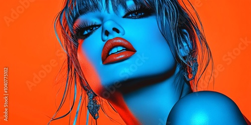 Vogue-style photograph of a model with blue makeup and orange lips, against an orange background, 