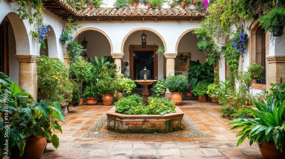 Obraz premium Rustic Villa Courtyard with Terracotta Tiles and Arches