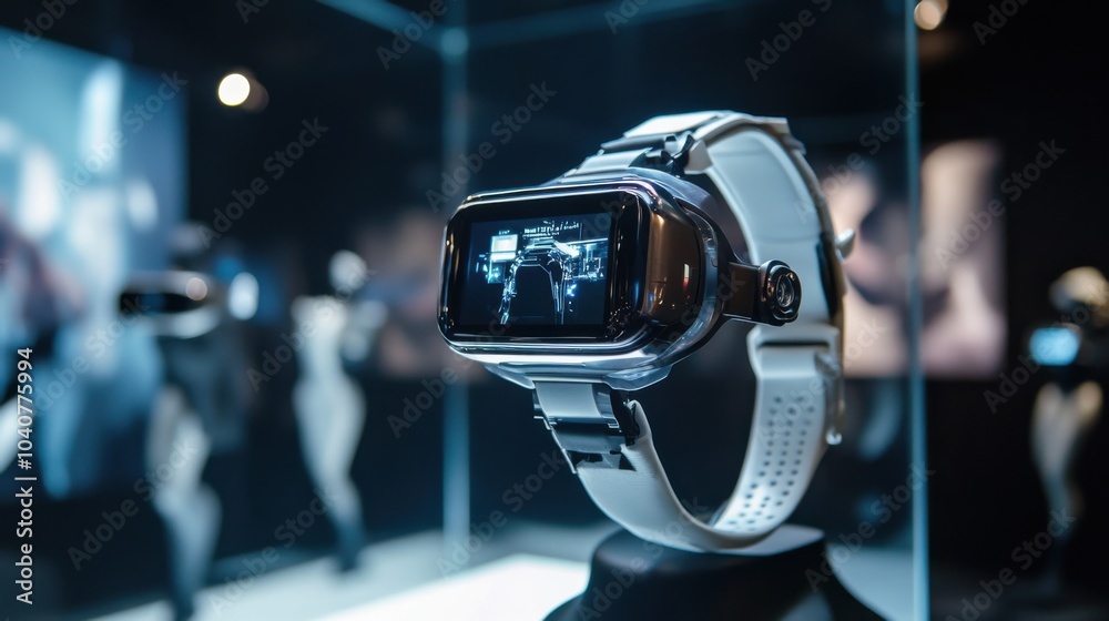 A futuristic wearable technology showcase, interactive exhibition with smart watches and augmented reality glasses, Wearable technology style A futuristic wearable technology showcase, interactive exhibition with smart watches and augmented reality glasses, Wearable technology style