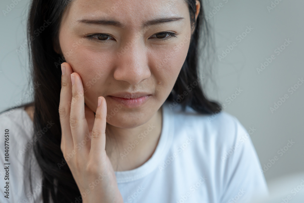 Woman worried about face Dermatology, large pores, uneven face, sensitive skin, red face from sunburn, acne, dry skin, large pores ,rash face, dull, freckles, wrinkle, skin problem, beauty Woman worried about face Dermatology, large pores, uneven face, sensitive skin, red face from sunburn, acne, dry skin, large pores ,rash face, dull, freckles, wrinkle, skin problem, beauty