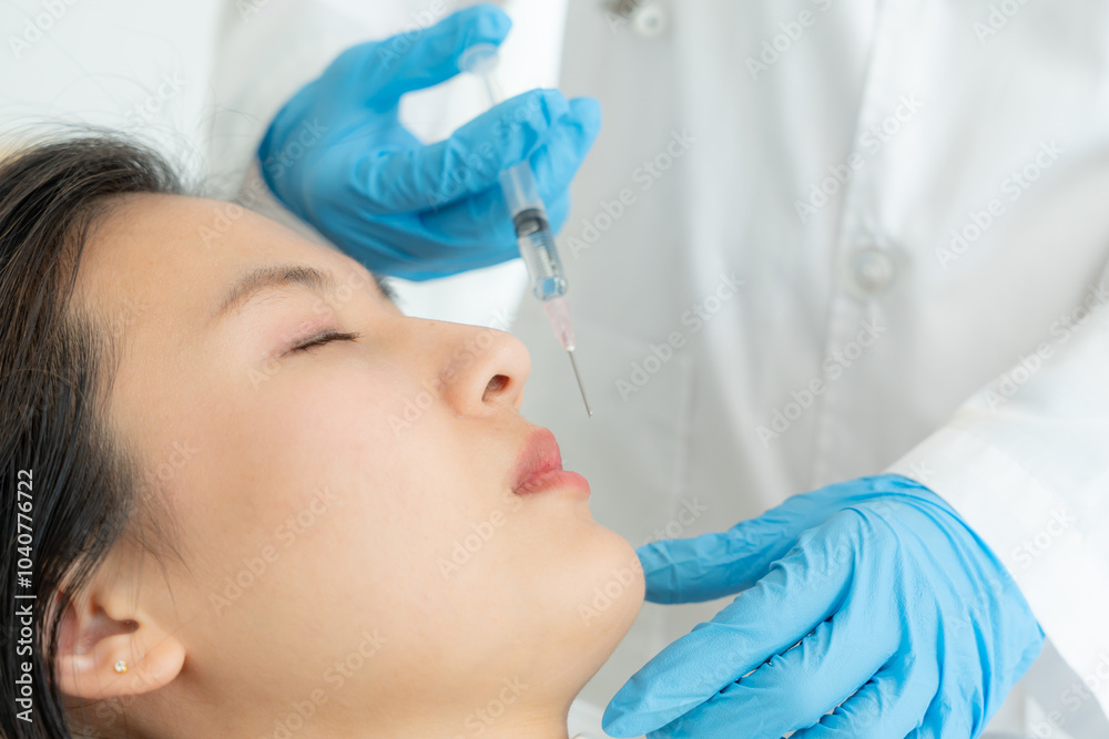 Cosmetic surgery, skin whitening injection, filler injection, Skin reface, beautiful Asian girls receive beauty treatments at beauty clinic, skincare, pore rejuvenation, wrinkle, baby face. Cosmetic surgery, skin whitening injection, filler injection, Skin reface, beautiful Asian girls receive beauty treatments at beauty clinic, skincare, pore rejuvenation, wrinkle, baby face.