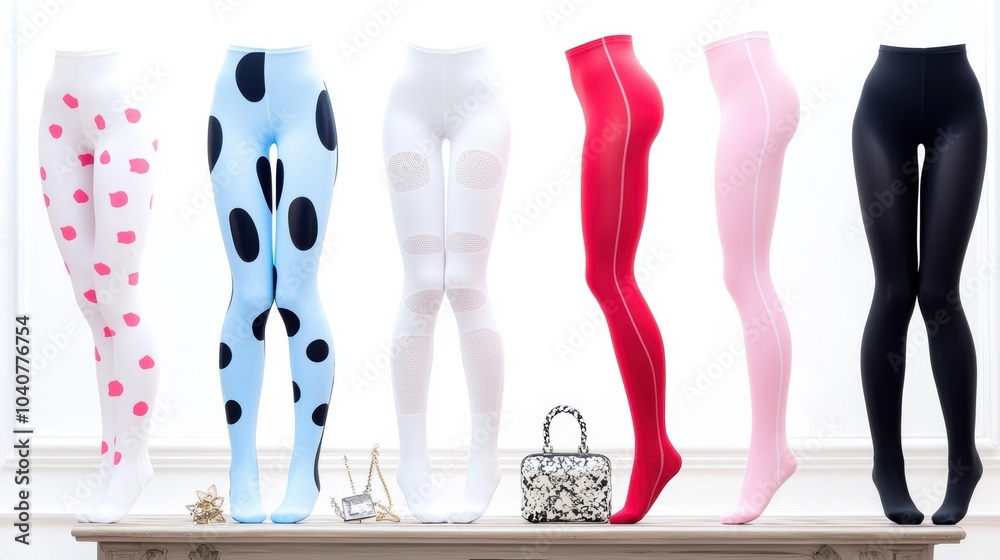 Variety of Colorful Women s Leggings and Tights on White Background Variety of Colorful Women s Leggings and Tights on White Background