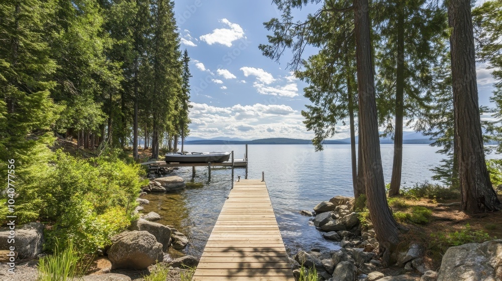 Naklejka premium Serene Lakeside Retreat with Wooden Dock and Trees