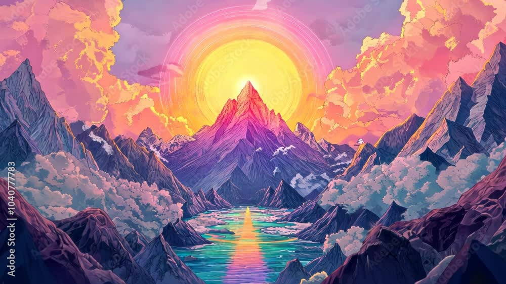 A vibrant landscape featuring a majestic mountain, colorful sky, and serene water. A vibrant landscape featuring a majestic mountain, colorful sky, and serene water.