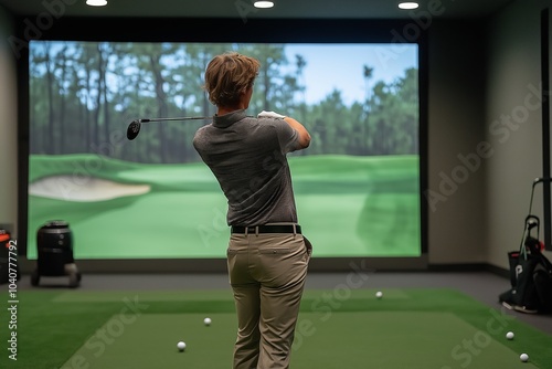 Golfer playing golf in indoor simulator Mixed media. golf simulator photo