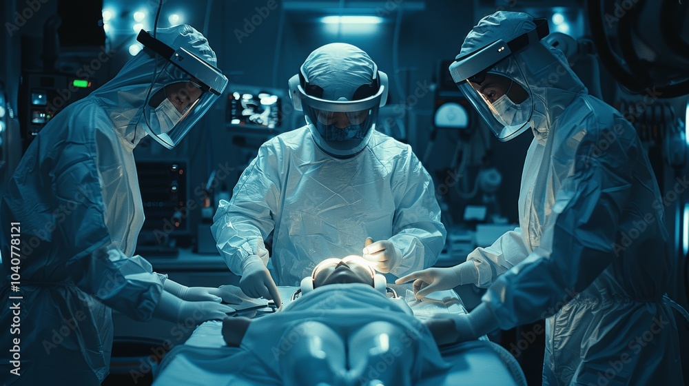 Robotic Arm Performing Surgery in High-Tech Hospital with Two Doctors Observing, Advanced Medical Technology, Precision Robotics, Dramatic Lighting Robotic Arm Performing Surgery in High-Tech Hospital with Two Doctors Observing, Advanced Medical Technology, Precision Robotics, Dramatic Lighting