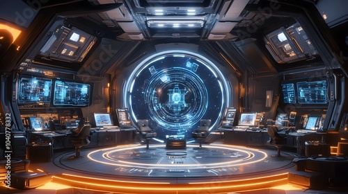 Circular command center aboard a starship, with holographic projections of galactic maps and critical data, the crew immersed in real-time tactical information