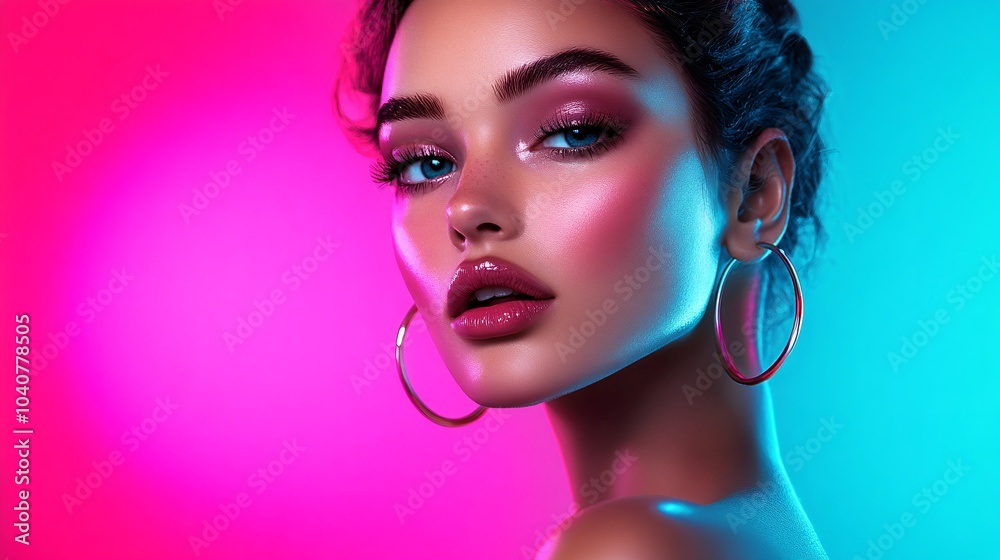 Naklejka premium A beautiful woman with glamorous makeup and a vibrant pink lip, illuminated by bright neon lights against an abstract background. 