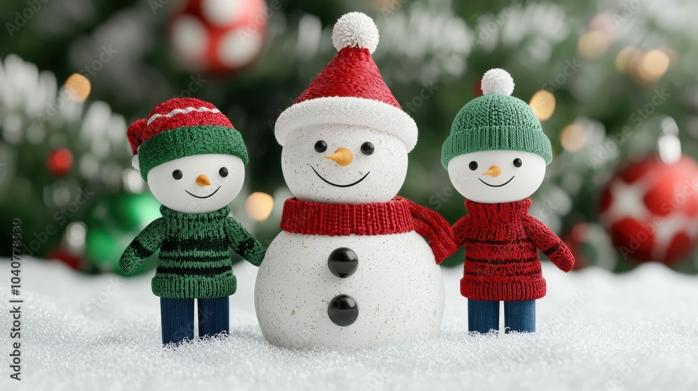 Trio of Smiling Snowmen in Winter Knit Hats and Scarves Trio of Smiling Snowmen in Winter Knit Hats and Scarves