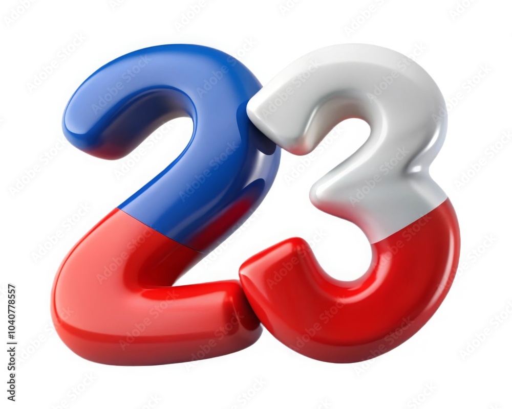 Stylized glossy number 23, blending vibrant red, blue, and white, ideal for significant age or year milestones, celebrations, and thematic events Stylized glossy number 23, blending vibrant red, blue, and white, ideal for significant age or year milestones, celebrations, and thematic events