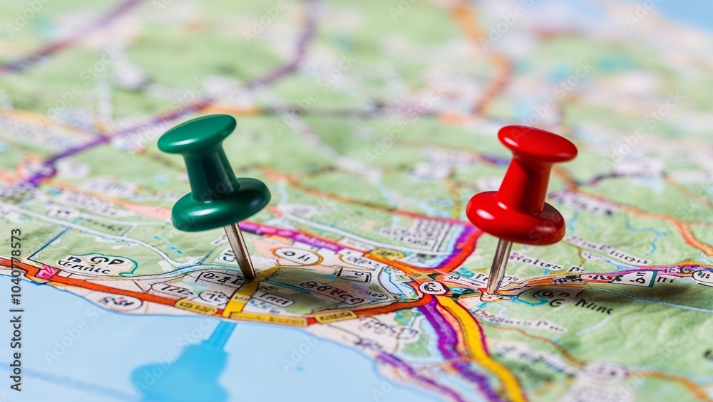 Close-up of Map with Red and Green Push Pins Indicating Locations for Navigation and Travel Planning Close-up of Map with Red and Green Push Pins Indicating Locations for Navigation and Travel Planning